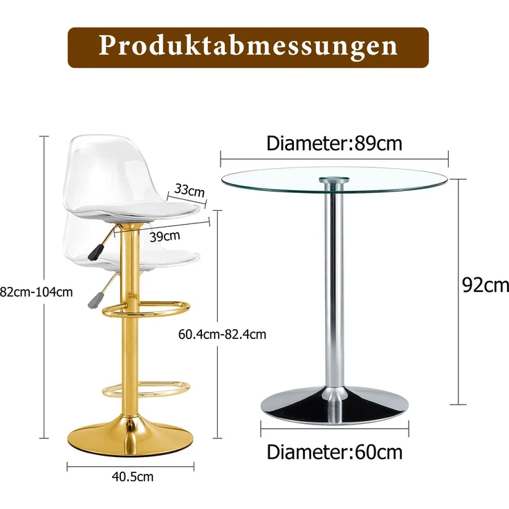 Flexibles Bar-Set: 89 cm Glastisch + 2 Hocker mit goldfarbenen Beinen, höhenverstellbar & drehbar. • Transparente Optik • 360°-Drehung • Vielseitig nutzbar. Schafft visuelle Weite und spart Platz, Flexibles Bar-Set: 89 cm Glastisch + 2 Hocker mit goldf... – Bild 2