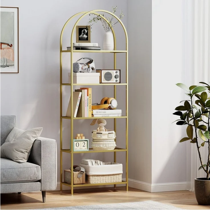 MC Star Bücherregal 5-stufiges, gewölbtes Glasregal für Wohnzimmer, Büro, Schlafzimmer, 60 x 30 x 175 cm, Gold – Bild 3