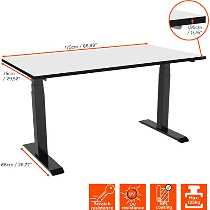celexon Professional eAdjust-58123, elektrisch höhenverstellbarer Schreibtisch schwarz mit HPL Tischplatte 175 x 75 cm, Dual-Motor, 3 speicherbare Höhenpositionen, Anti-Kollisionsfunktion – Bild 3