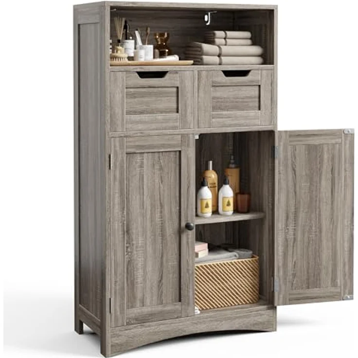 Bealife Badezimmerschrank mit 2 Schubladen, verstellbares Regal, multifunktional, für Badezimmer, Schlafzimmer, Flur (60 x 30 x 108 cm) (grau) – Bild 2