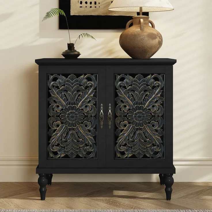 HOLTICO Kommode Vintage Sideboard Buffet Schrank mit Hohle Blumenschnitzerei (1 St), Akzent Schrank Holz Kommoden & Sideboards