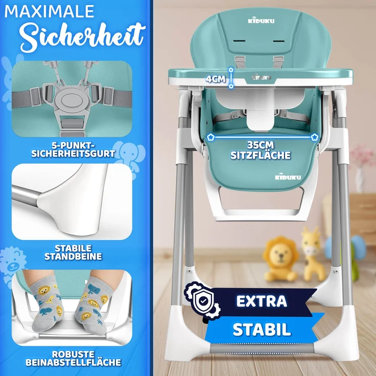 KIDUKU® Hochstuhl Baby 3in1 mit Neugeborenenaufsatz + Lätzchen, Spielbogen & Tisch | Kinderhochstuhl klappbar mit Liegefunktion | Kombihochstuhl höhenverstellbar | Babystuhl mitwachsend 0-36 Monate – Bild 10