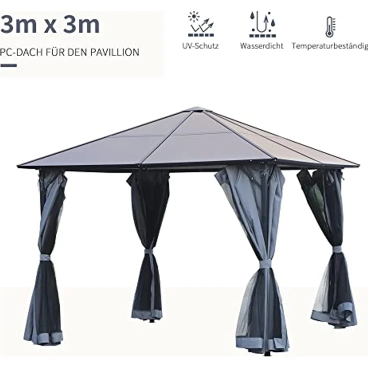 Outsunny Pavillon 3 x 3m, Gartenpavillon mit PC Dach und Seitenteilen, pulverbeschichtetes Aluminium, dunkelgrau – Bild 3