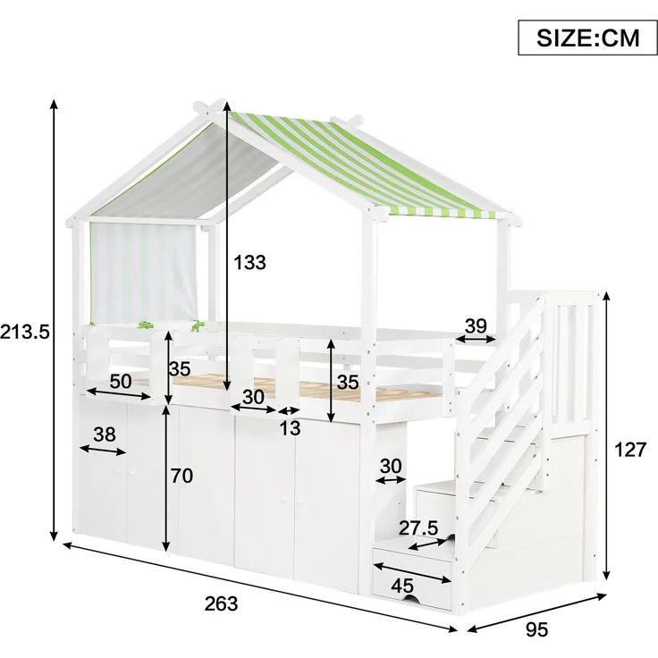 Merax Etagenbett, Kinderbett 90x200cm, mit Fallschutzgitter, 1 Kleiderschrank und 2 Schließfächer, mit 3 Schließfächer in der Treppe, gestreifter Stoff, Kiefer+MDF+Sperrholz, Weiß+Grün – Bild 4