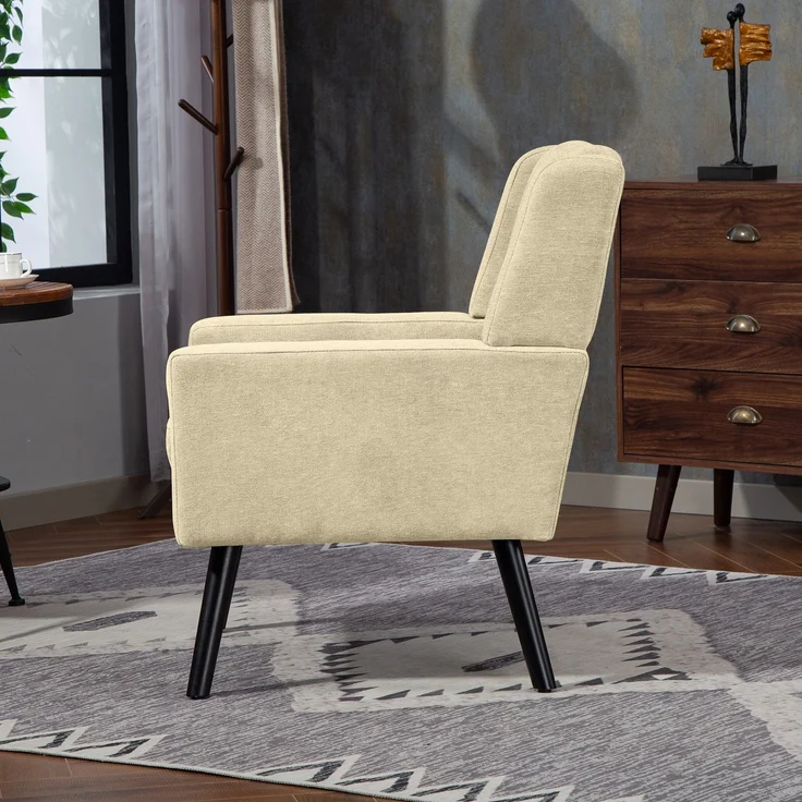 LVHOM Sessel aus Leinenstoff mit Knopfsteppung, Relaxsessel mit Massivholzbeinen, Polstersessel für Wohnzimmer & Büro, bis 130kg, Beige – Bild 7