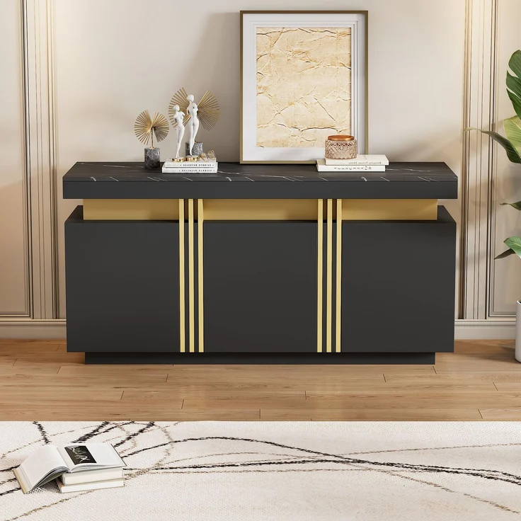 Sideboard 140 x 38 x 70 cm mit Marmoroptik, schwarzer Korpus und goldenen Akzenten, Anrichte mit 3 Türen und 6 Fächern – Bild 3