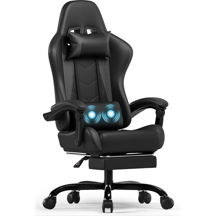 Devoko Massage Gaming Stuhl, Computer Bürostuhl mit Fußstütze, Racing Gamer Stuhl 150kg Belastbarkeit, 90-135° Rückenlehne einstellbar Ergonomischer PC Stuhl, 360° drehbar, Schwarz – Bild 1