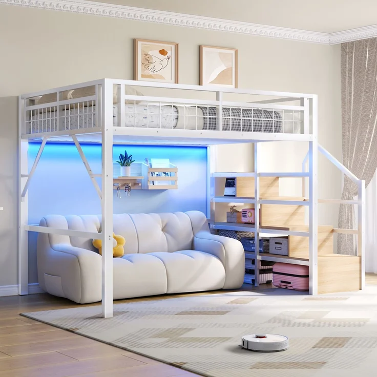 U-life Hochbett 140x200 cm, Eisenrahmen, LED-Beleuchtung, Treppenkonstruktionen, Freier, Metall, Weiß – Bild 6