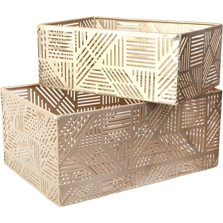 Home Deco Factory RG6250 Metall-Korb, durchbrochenes Design, goldfarben, Streifen, zur Aufbewahrung, Dekoration, Übertopf, 2 Stück, Kunststoff-PP, 12 x 25 x 17 cm