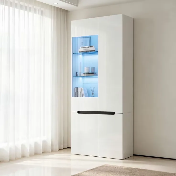 Vitrine 80x35x180 cm in Weiß, mit 4 Türen, LED-Licht und 8 Fächern