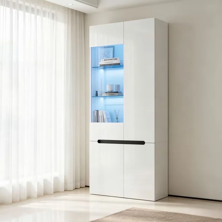 Vitrine 80x35x180 cm in Weiß, mit 4 Türen, LED-Licht und 8 Fächern – Bild 1