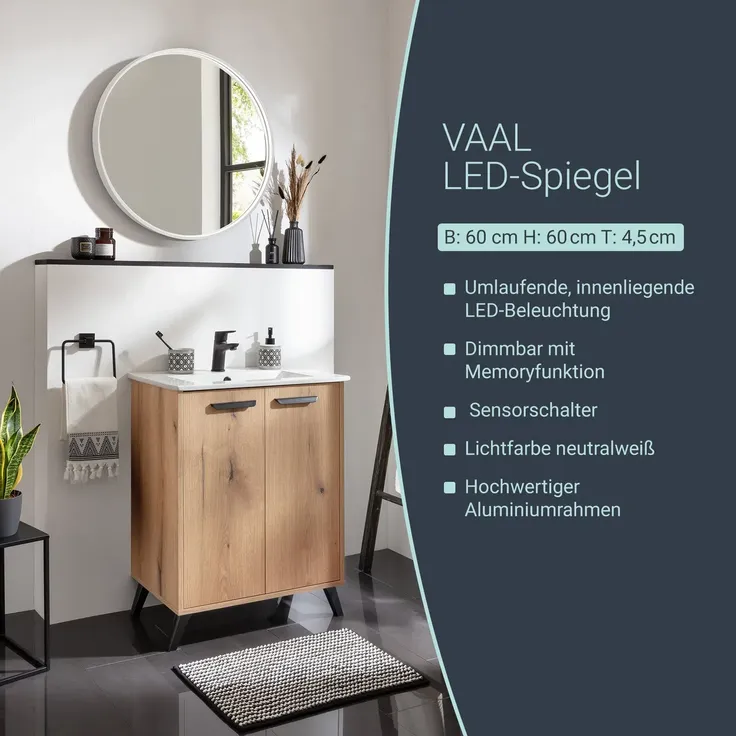 BADEDU VAAL LED Spiegel Ø 60 cm, rund, Weiß, Sensor – Bild 2