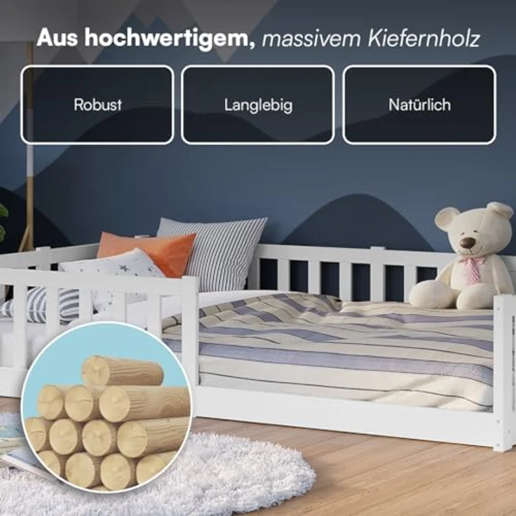 Bellabino Vere Bodenbett 120x200 cm – Montessori Kinderbett mit Rausfallschutz & Lattenrost, Massives Boden Bett für Jungen & Mädchen aus Holz Kiefer – Kleinkindbett in Weiß – Bild 7