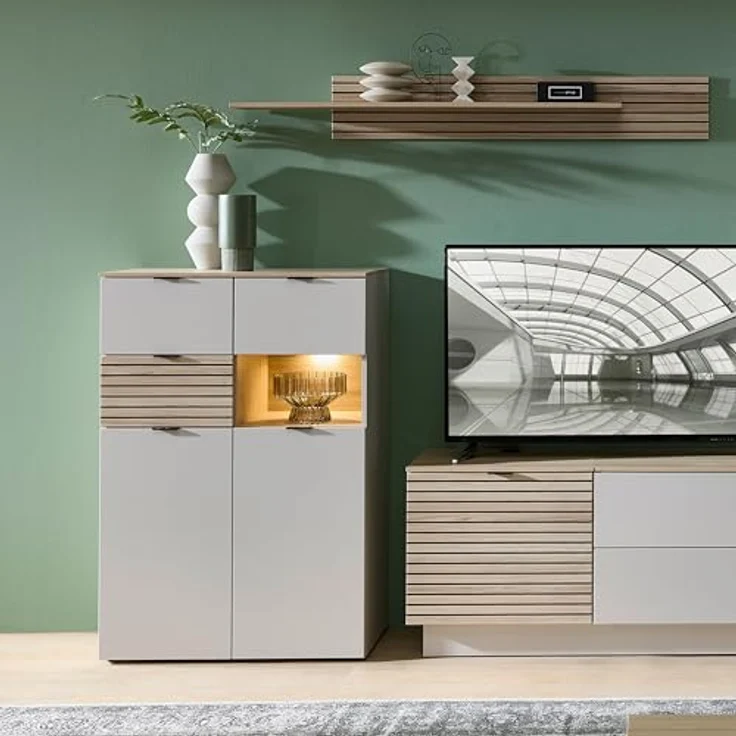 Stella Trading INA Highboard in Kaschmir, Riva Eiche Optik FSC-Zertifiziert - Moderner Wohnzimmerschrank mit Schubladen und LED-Beleuchtung - 84 x 125 x 45 cm (B/H/T) – Bild 3