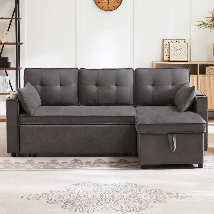 Wohnora-Schlafsofa mit Schlaffunktion, L-förmiges Sofa, modernes Design, Polstermöbel, Sofa, Loungesessel mit Stauraum, mit Getränkehalter, Wohnzimmer-Schlafsofa, links und rechts austauschbar,H 86cm x T 211cm x B 1295cm,Grau – Bild 4