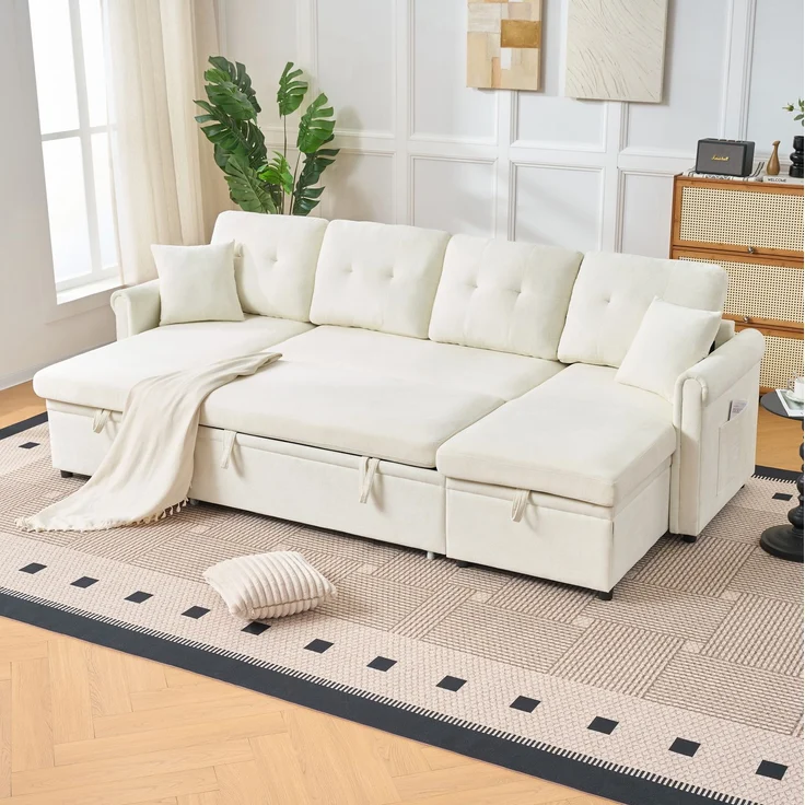 U-Form-Ecksofa ca. 266x130x85 cm mit Schlaffunktion und Stauraum, Chenille in Beige – Bild 4