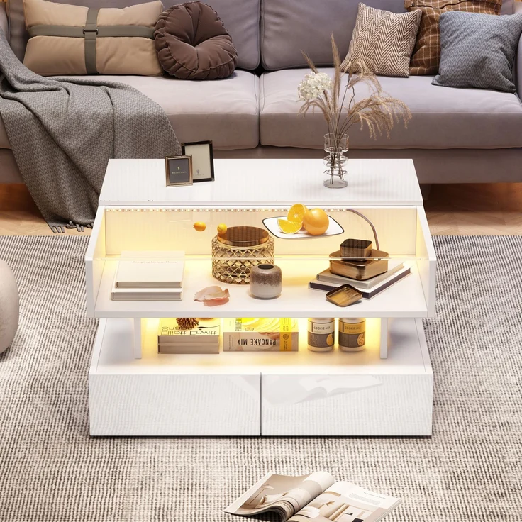 Couchtisch mit hydraulischer Hubfunktion und LED-Beleuchtung, Hochglanz Oberfläche, 2 Schubladen & gehärtetem Glas,Weiß – Bild 5