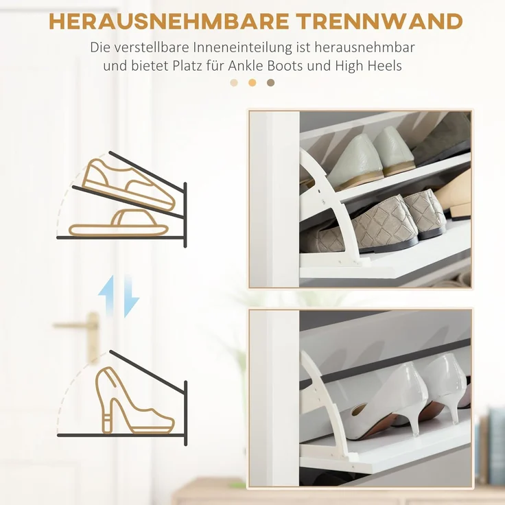 HOMCOM Schuhschrank Schuhregal mit 3 Klappen für 18 Paar Schuhe (Schuhständer, 1-St, Schuhkipper) für Flur, Eingangsbereich Weiß+Natur 72 x 26 x 112 cm – Bild 6