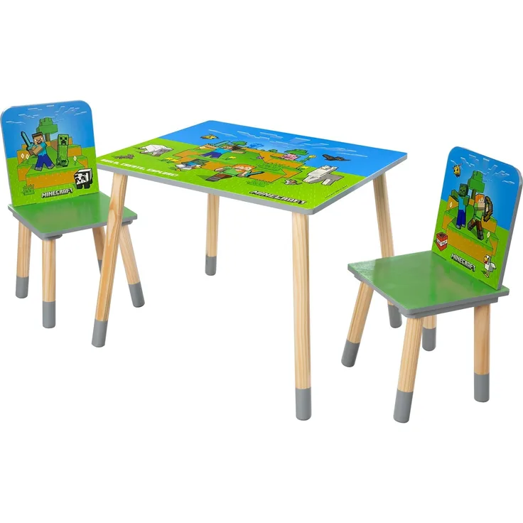 MINECRAFT - Sitzgruppen-Set, bestehend aus einem Tisch und zwei Stühlen, Kindermöbel mit buntem Design