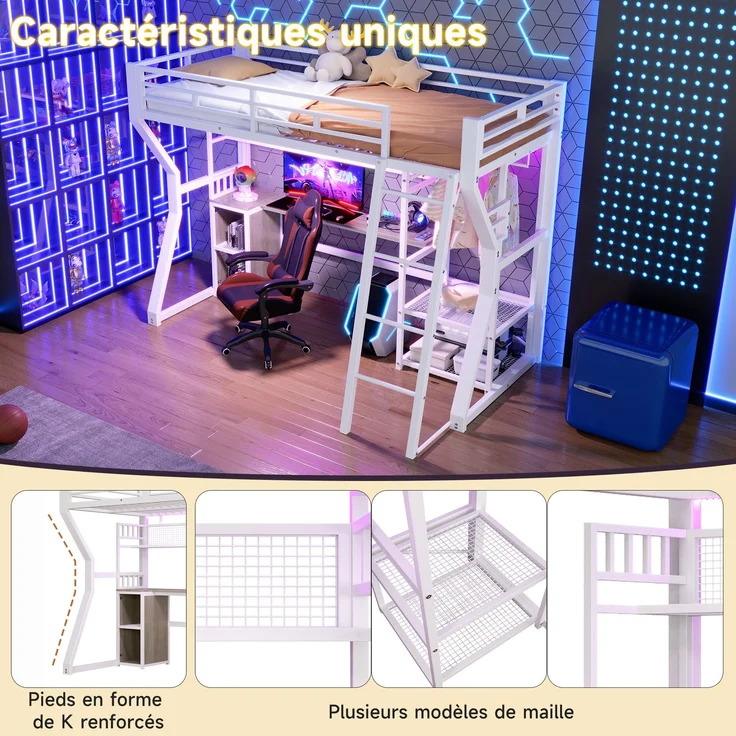 EINHOM Hochbett, 90 x 200 cm, Eisenrahmen, mit Lichtleiste, Steckdose, Kleideraufhängebereich, Schreibtisch, Staufächer, Ablageböden, Offener Raum unter dem Bett, Weiß (Ohne Matratze) – Bild 7