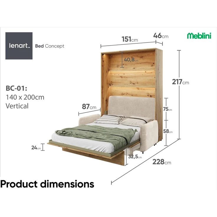 MEBLINI Schrankbett BC-01 - 140x200cm Vertikal - Artisan Eiche/Beige - mit Sofa - Wandbett mit Lattenrost - Klappbett mit Schrank - Wandklappbett - Murphy Bed – Bild 7