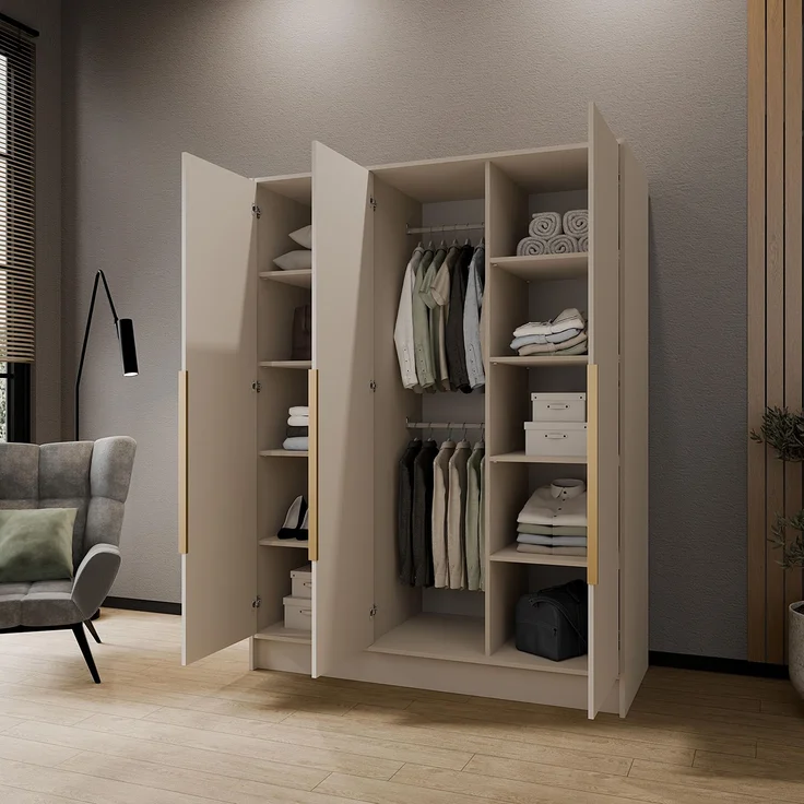 MEBLINI Kleiderschrank PORTINA 150cm - Kaschmir - mit goldfarbenen Griffen - Drehtürenschrank ohne Spiegel - Kleiderstangen und Regalböden – Bild 3
