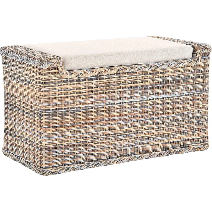 Krines Home Sitztruhe Rattan Wäschetruhe Sitzbank mit Stauraum Wäschesortierer 3 Fächer, mit Deckel