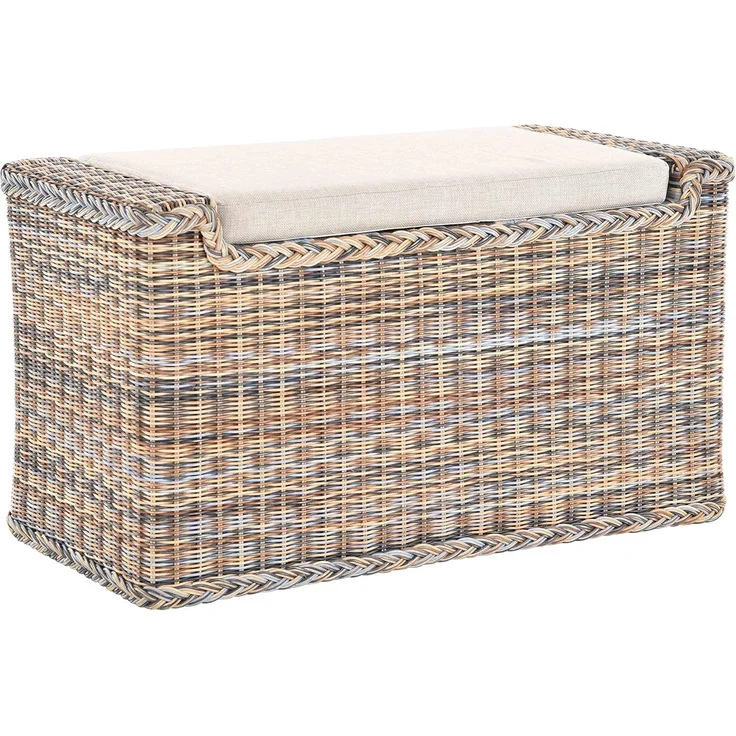 Krines Home Sitztruhe Rattan Wäschetruhe Sitzbank mit Stauraum Wäschesortierer 3 Fächer, mit Deckel – Bild 1