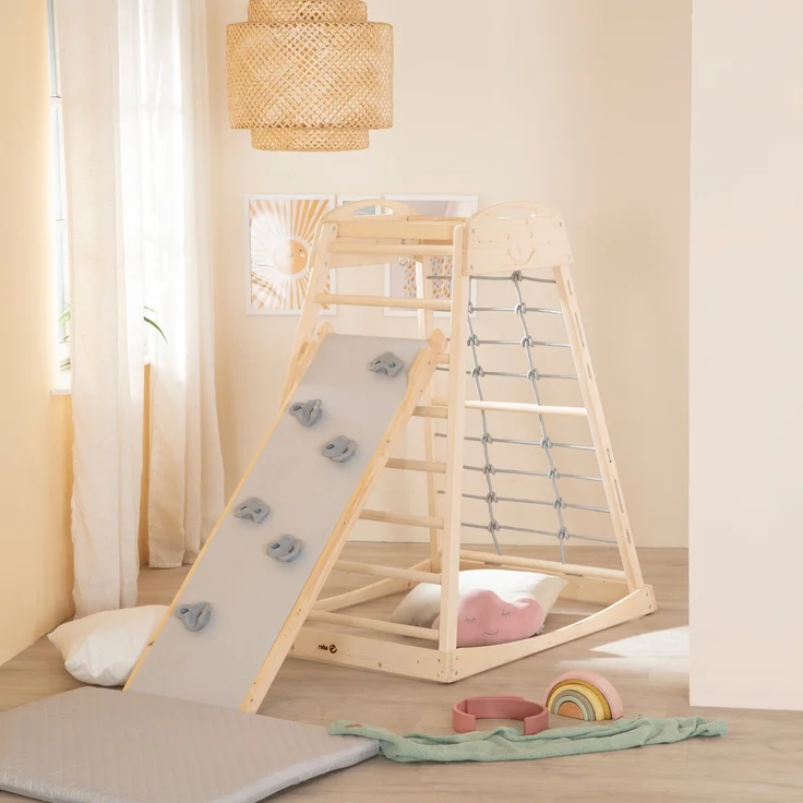 roba Montessori Indoor Spielturm inkl. 2in1 Rutsch- & Kletterbrett, Kletternetz- & Sprossenseite, Schaukel & Turnringen - Geeignet ab 24 Monaten - Belastbar bis 70 kg - Holz natur – Bild 9