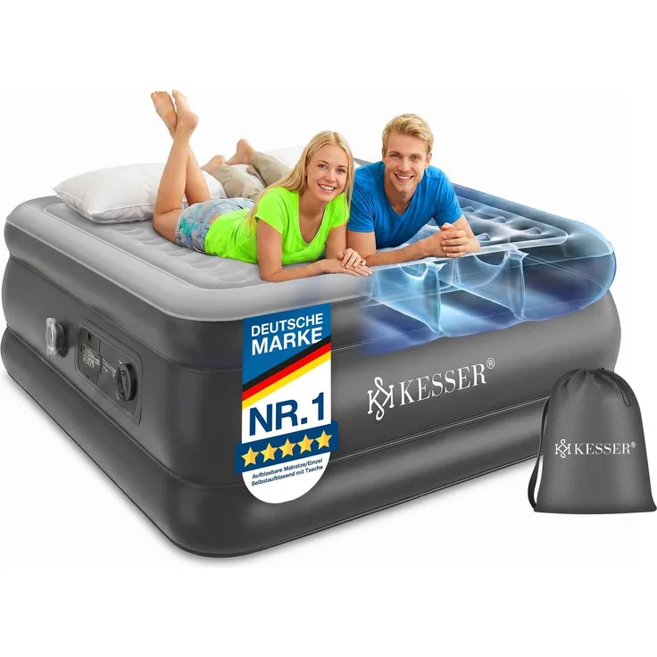 KESSER® Aufblasbare Matratze Luftbett mit eingebauter elektrischer Pumpe integrierte erhöhte aufblasbare Matratze für Übernachtungsgäste mit Aufbewahrungstasche Einzel, Grau / Anthrazit