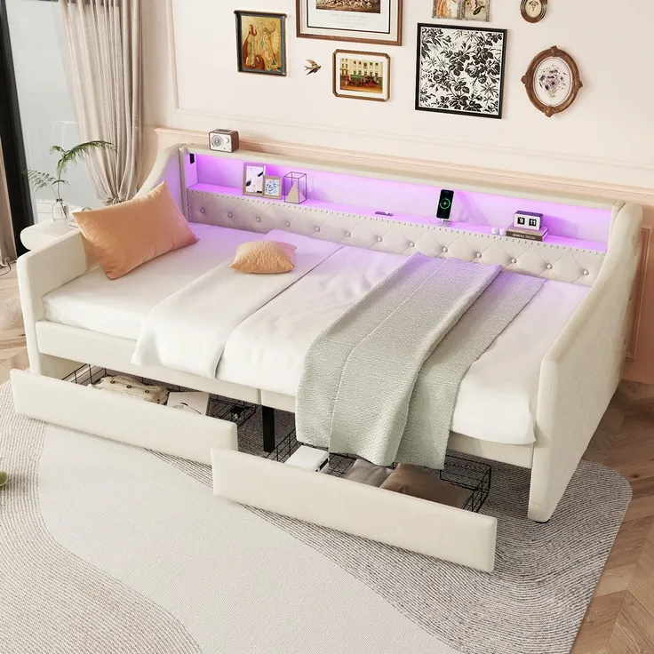 Schlafsofa mit LED-Streifen, Lattenrost und 2 Schubladen, 90x200cm, Polsterbett, Einzelbett, Jugendbett, Leinenbezug