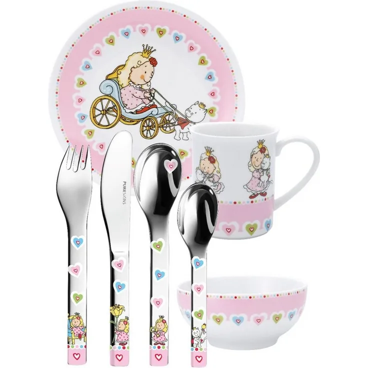 PURESIGNS Kindergeschirr-Set NELIA (7-tlg), 1 Personen, Edelstahl 18/10, Porzellan, Plastikfreier Essgenuss für die Kleinen