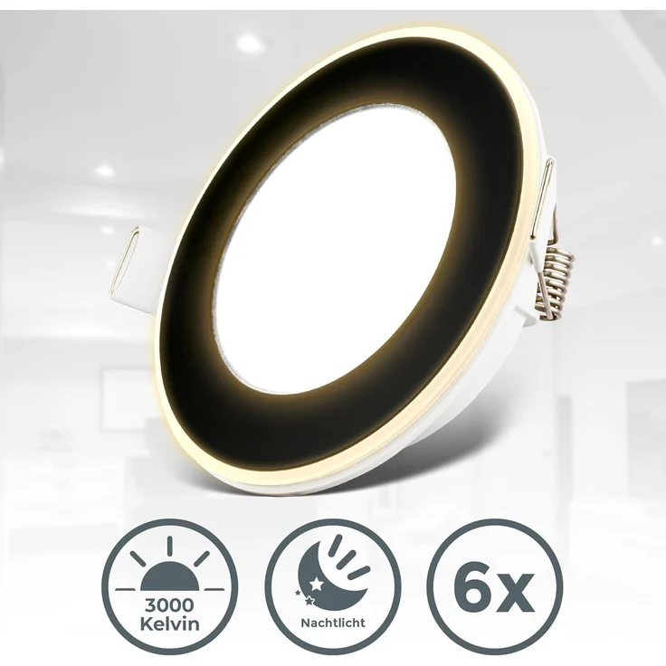 B.K.Licht - 6er Set LED Einbaustrahler 230V mit Nachtlichtfunktion, Flächen und Ringe sep. schaltbar, Speicherfunktion, LED Spot, flach, Deckenspots, Einbauleuchten, 68mm, 93x30 mm, Schwarz – Bild 2