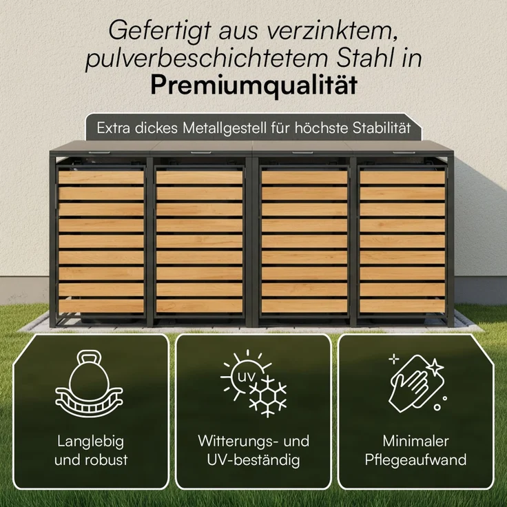 STEELSØN 'Kestra' Mülltonnenbox 4er je 240 Liter, anthrazit mit Holzoptik, Mülltonnenverkleidung aus Stahl, wetterfest, 116x80x268 cm, Müllbox für 4 Tonnen – Bild 5