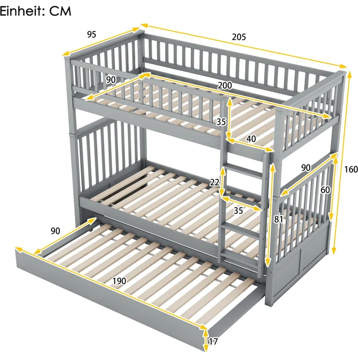 Etagenbett 90x200 cm mit Ausziehbett und Treppe, Kinderbett mit hoher Absturzsicherung,abnehmbares Massivholzbett mit stabilem Rahmen,Grau – Bild 7