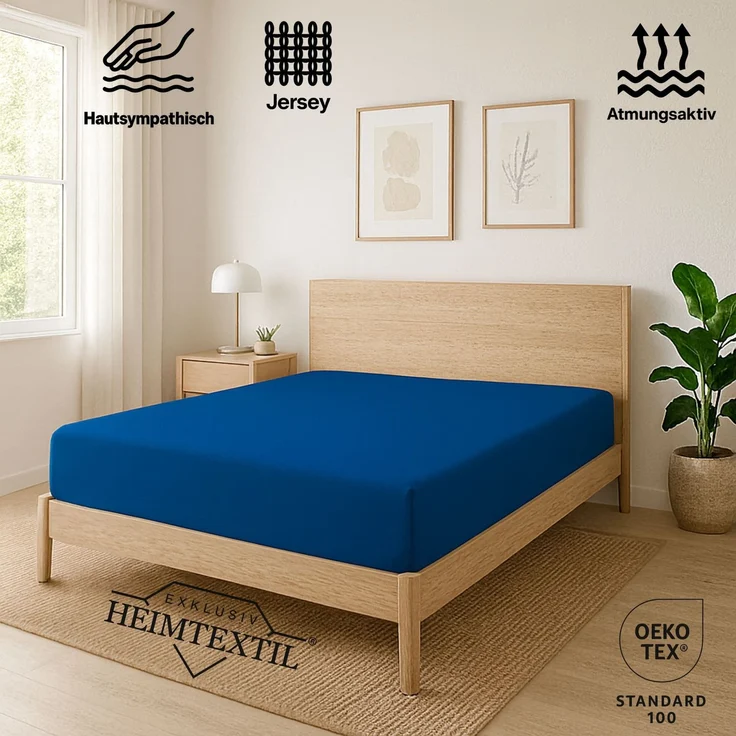 EXKLUSIV HEIMTEXTIL Jersey Spannbettlaken Premium 200x200 cm Royalblau 100% Baumwolle Öko - Tex Zertifiziert Bed-Sheet Bettlaken Spannbetttuch Topper Leinentuch – Bild 2