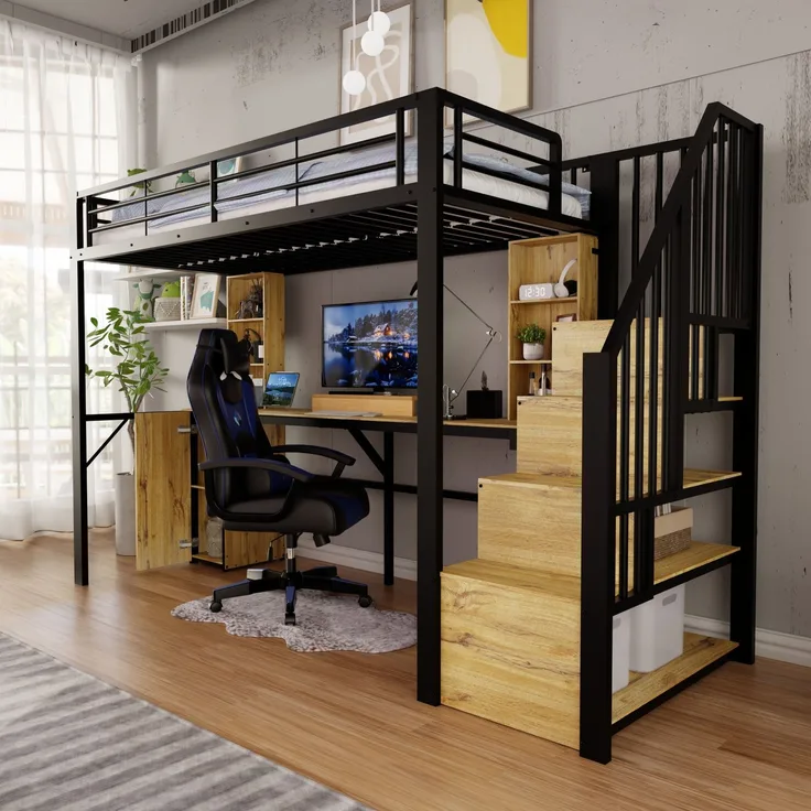 Hochbett 90×200 cm mit Rausfallschutz, Schreibtisch, Stauraum und USB-Anschluss, Schwarz, ohne Matratze