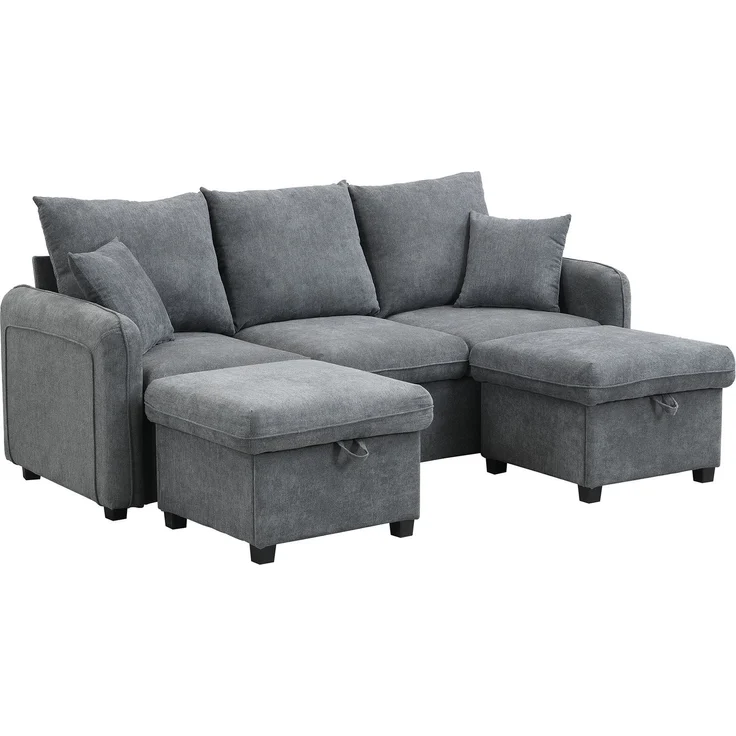 DESVIAE Sofa mit Schlaffunktion, Stauraum und 2 Hockern, Chenille, Dunkelgrau, 188 x 186 x 86 cm – Bild 7