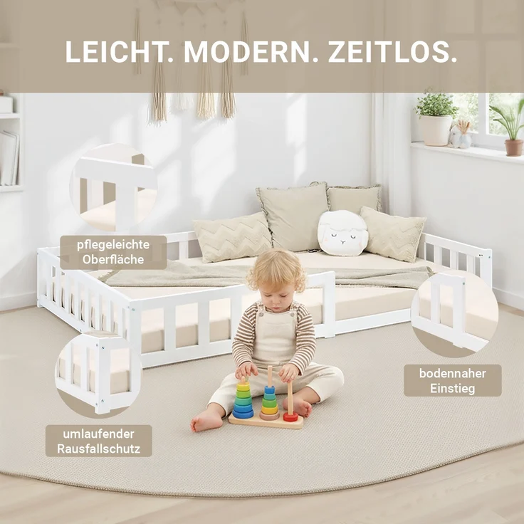 Kinderbett 120x200 Bodenbett mit Rausfallschutz Montessori Bett Kleinkindbett Holz Massiv Weiß Einzelbett Lattenrost Bettgestell – Bild 10