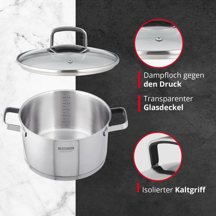 MEISTERKOCH Kochtopf Set komplett aus Edelstahl 4-teilig mit 16cm, 20cm, 24cm Ø Topf & 16cm Soßentopf mit Stiel, Glasdeckel mit Dampfloch, geeignet für Herdarten Induktion, Gas, Elektro & Glaskeramik – Bild 6