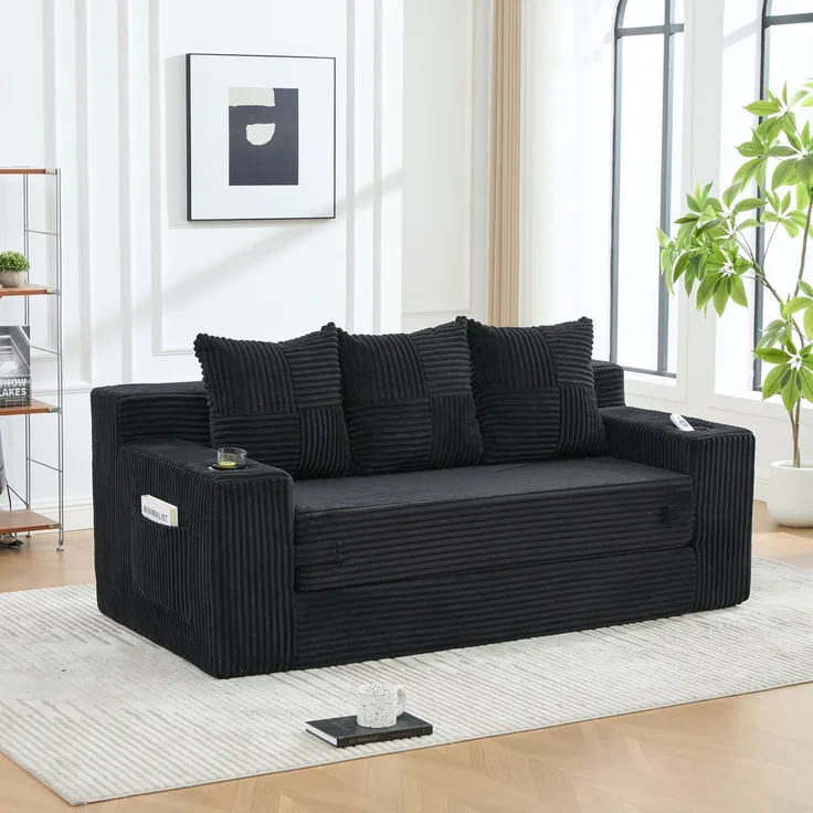 EINHOM Dreier-Sofa aus Baumwoll- und Leinenstoff, mit Getränkehalter und seitlichen Taschen, kann in drei Sitzplätze umgewandelt werden, rahmenloser Design mit gestrickten Kissen und Rückenlehne, großes Sitz