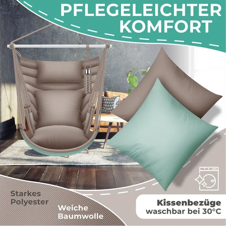 KESSER® 'Haiti' Hängesessel, 360° drehbar, UV-beständig & wasserfest, inkl. 2 Kissen, Tragetasche, Flaschenhalter & Montage-Set, grün/taupe, bis 150 kg belastbar – Bild 3
