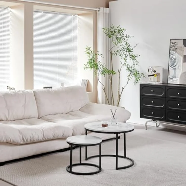 GrandCA HOME Couchtisch 2er Set,Stapelbarer Couchtisch, Couchtische Rund, Marmorierte MDF-Tischplatte, Schwarze Tischbeine aus Edelstahl，Geeignet für Wohnzimmer, Esszimmer（Ø60x45H cm，Ø40x35H cm） – Bild 3