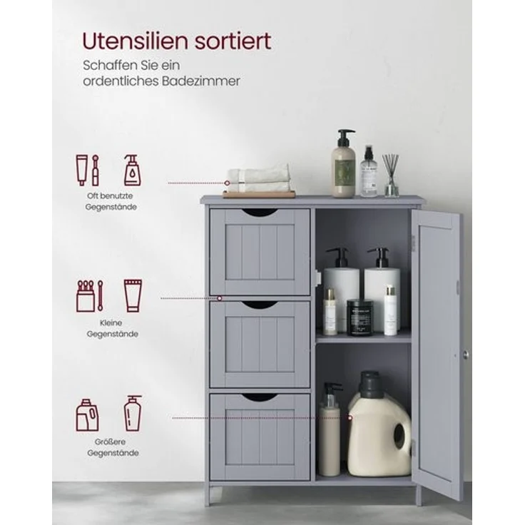 Vasagle Badezimmerschrank, schmaler Badschrank, Beistellschrank, Kommode, mit Schubladen, Schranktür, verstellbare Ablage, x x cm,, Taubengrau, 3 – Bild 3