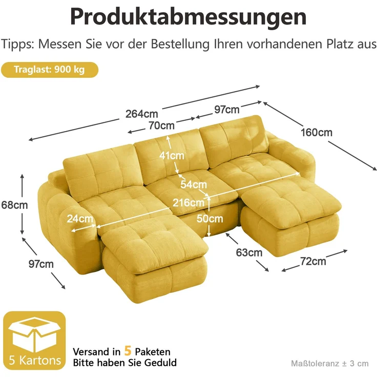 EINHOM 3‑sitziges U‑förmiges rahmenloses Modulsofa, wolkenweicher Chenille‑Bezug, 32D‑Hochdichtschaum, frei kombinierbar, montagefrei mit 2 Ottomanen für Wohnzimmer & Apartments, Gelb – Bild 2