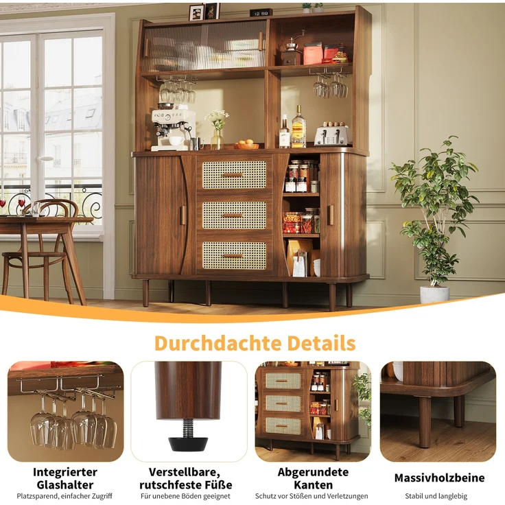 Hochwertiger Buffetschrank mit Rattanoptik & Glasschiebetüren, 174,5cm hoher Küchenschrank mit Stauraum, Naturholz-/Nussbaum-Optik, belastbar bis 60kg – Bild 6