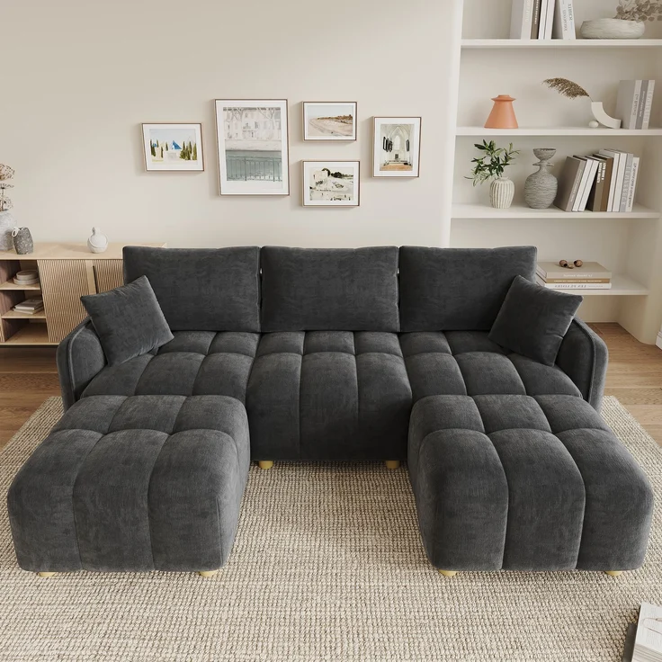 ZUBALIYA L-/U-förmiges wandelbares Ecksofa, 5-Sitzer modulare Sofakombination mit 2 Hockern und Kissen, Chenille-Stoff, Cloud-Sofa, breite Armlehnen, geeignet für Wohnzimmer, Modell N653P7720G – Bild 8