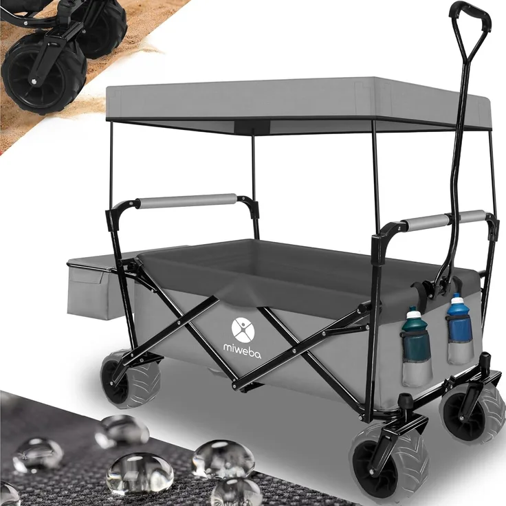 Miweba Bollerwagen MB-10 faltbar Handwagen Kinder Transportwagen Dach abnehmbar (Grau/Dunkelgrau)