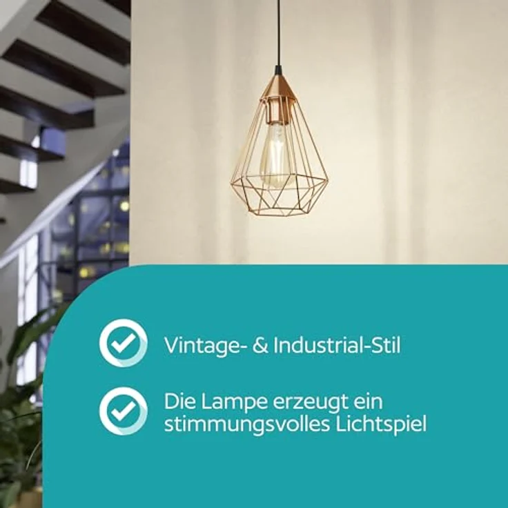 Eglo 94193 Hängeleuchte TARBES E27 1X40W Kunststoff schwarz, Stahl kupferfarben H:110 Ø31cm dimmbar – Bild 4
