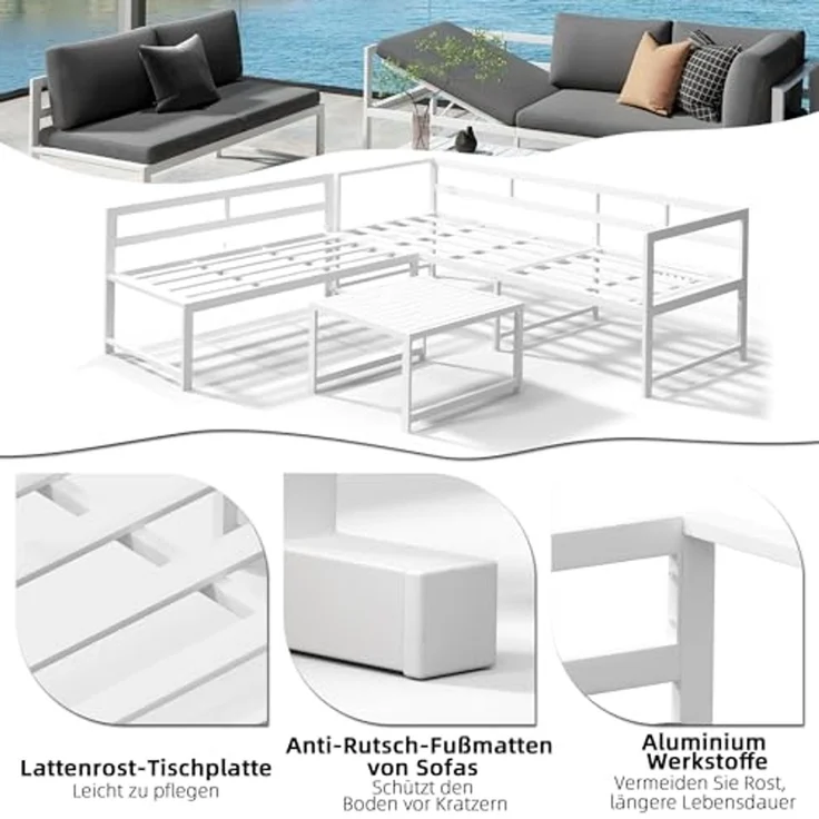 Sitzgruppe Weiß Aluminium Lounge Ecksofa mit Liegefunktion wetterfest Garten Tisch Outdoor-Möbel – Bild 4